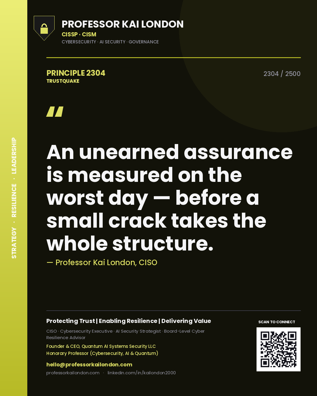 Professor Kai London principle 2304: An unearned assurance is measured on the worst day — before a small crack takes the whole structure.