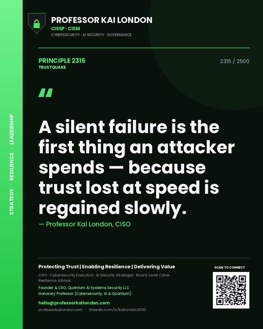Professor Kai London principle 2315: A silent failure is the first thing an attacker spends — because trust lost at speed is regained slowly.