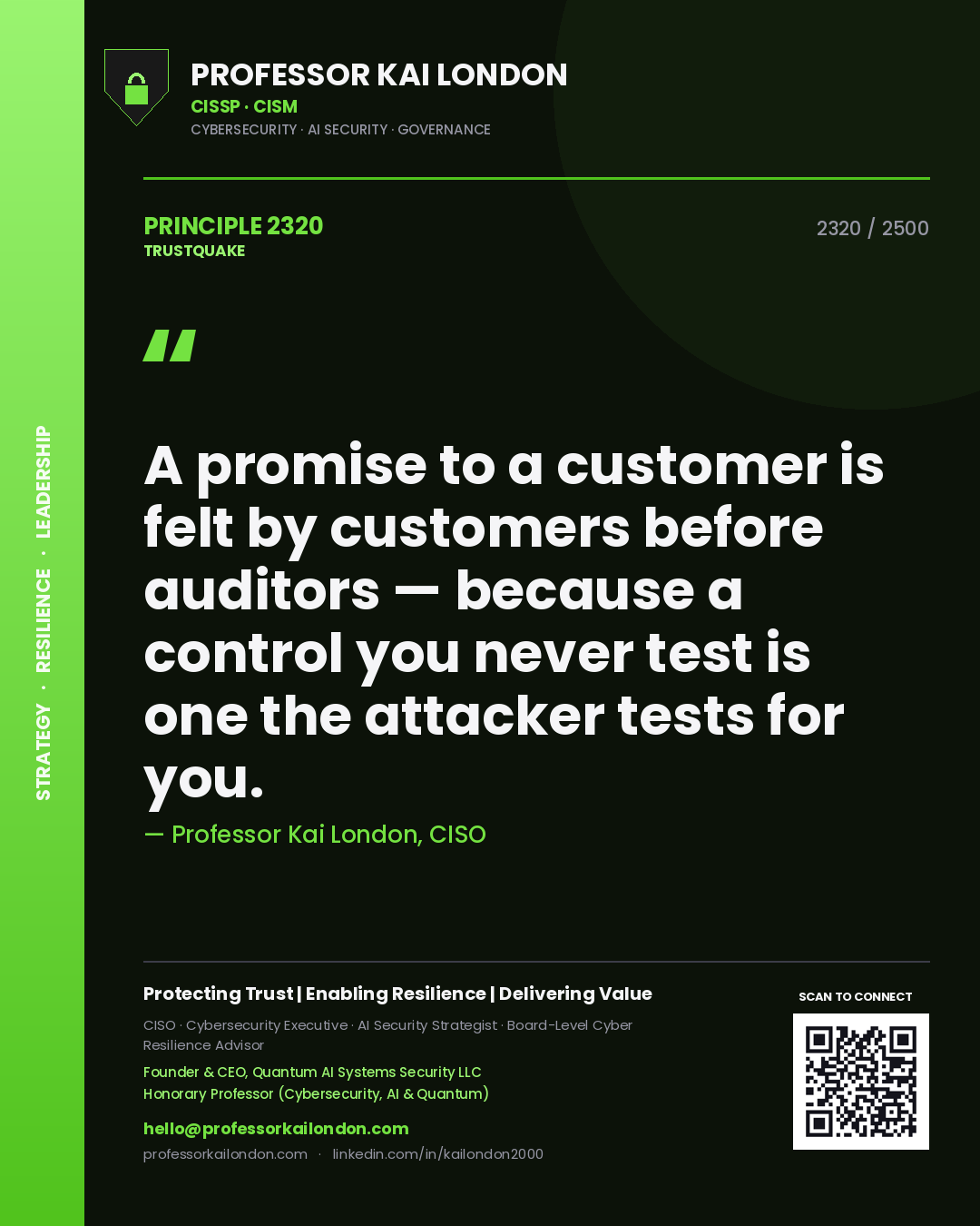 Professor Kai London principle 2320: A promise to a customer is felt by customers before auditors — because a control you never test is one the attacker tests for you.