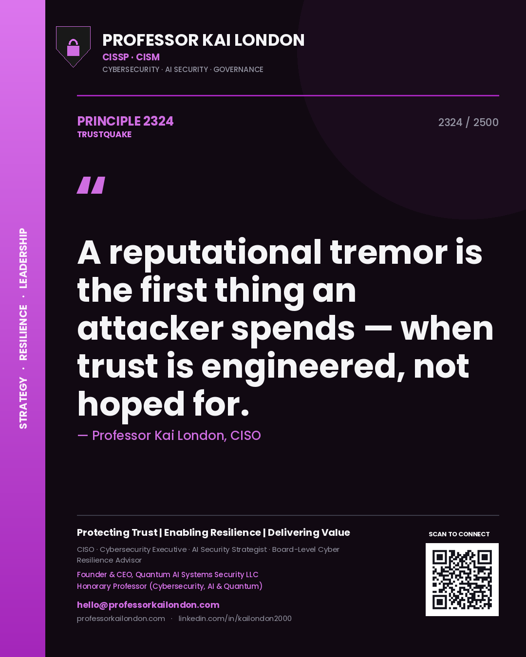Quote card by Professor Kai London reading 'A reputational tremor is the first thing an attacker spends — when trust is engineered, not hoped for.'. From the book Trustquake.