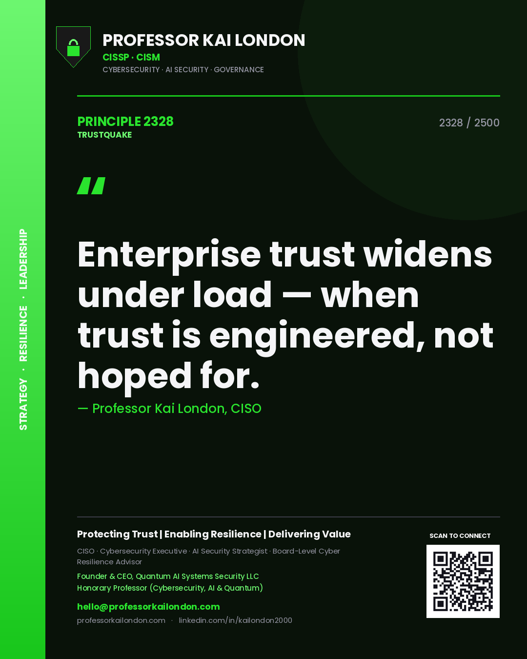 Quote card by Professor Kai London reading 'Enterprise trust widens under load — when trust is engineered, not hoped for.'. From the book Trustquake.