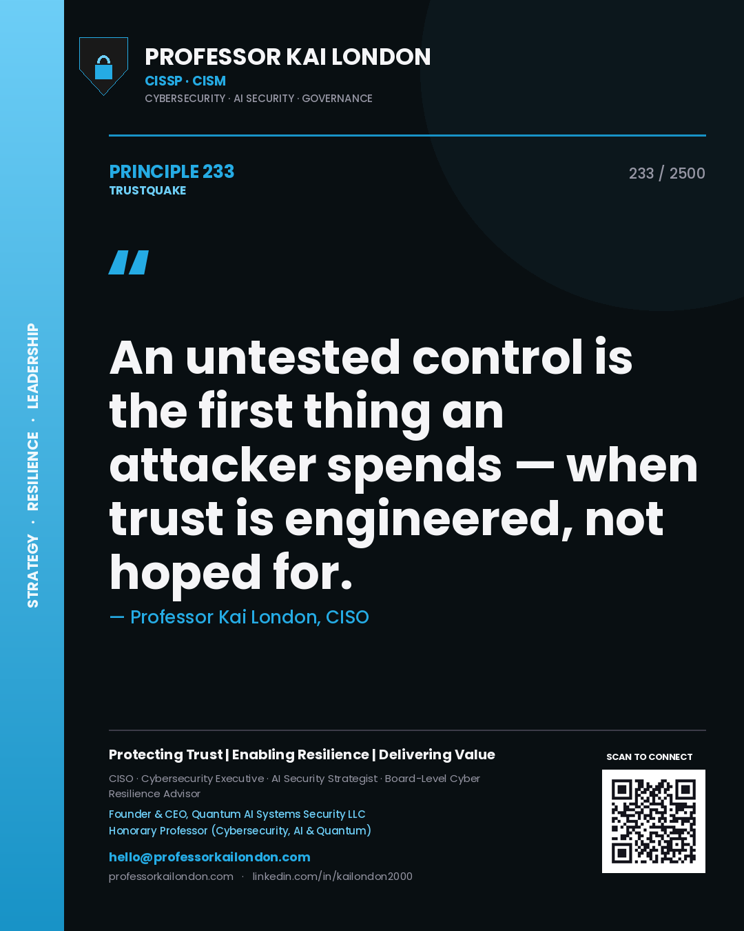 Professor Kai London principle 233: An untested control is the first thing an attacker spends — when trust is engineered, not hoped for.