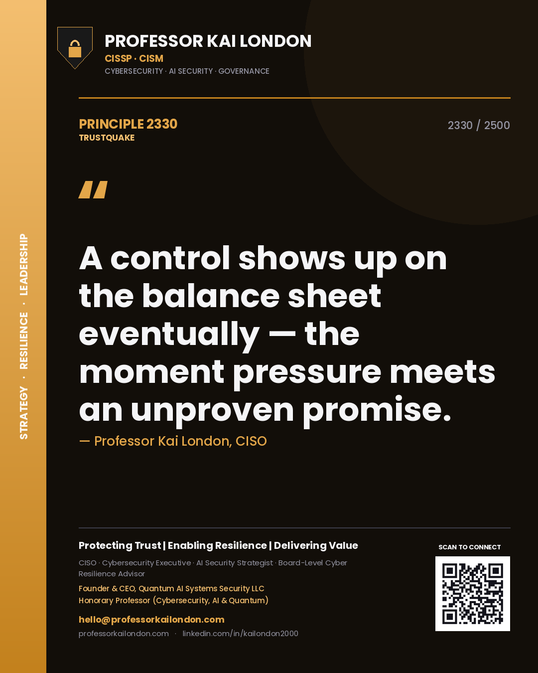 Quote card by Professor Kai London reading 'A control shows up on the balance sheet eventually — the moment pressure meets an unproven promise.'. From the book Trustquake.