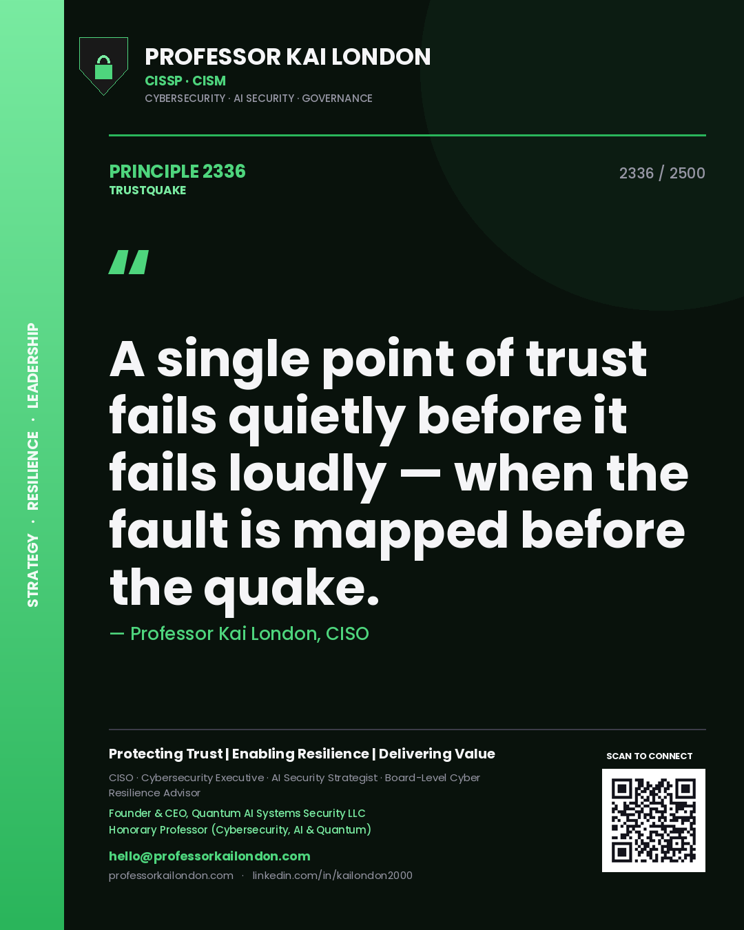Professor Kai London principle 2336: A single point of trust fails quietly before it fails loudly — when the fault is mapped before the quake.