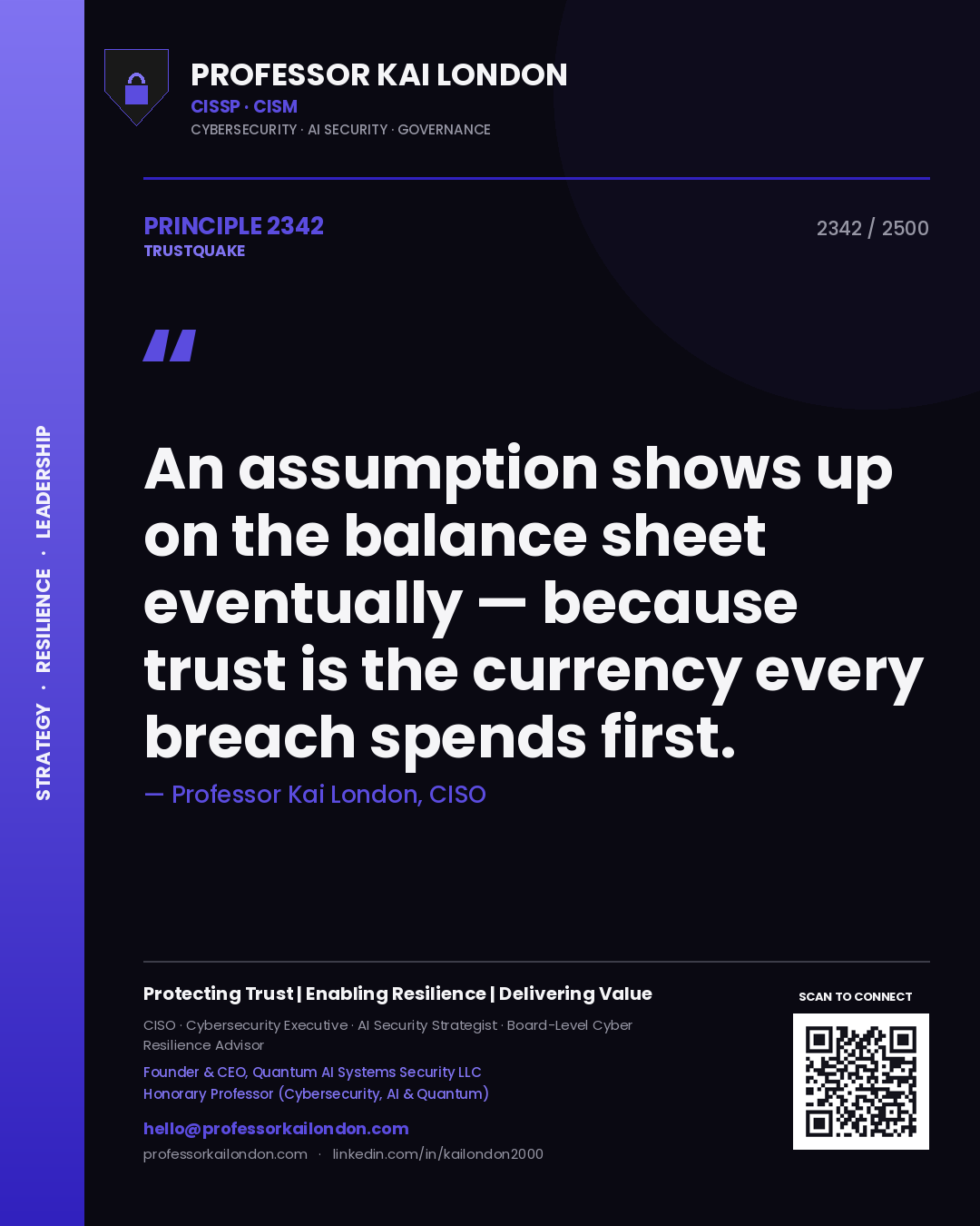 Quote card by Professor Kai London reading 'An assumption shows up on the balance sheet eventually — because trust is the currency every breach spends first.'. From the book Trustquake.