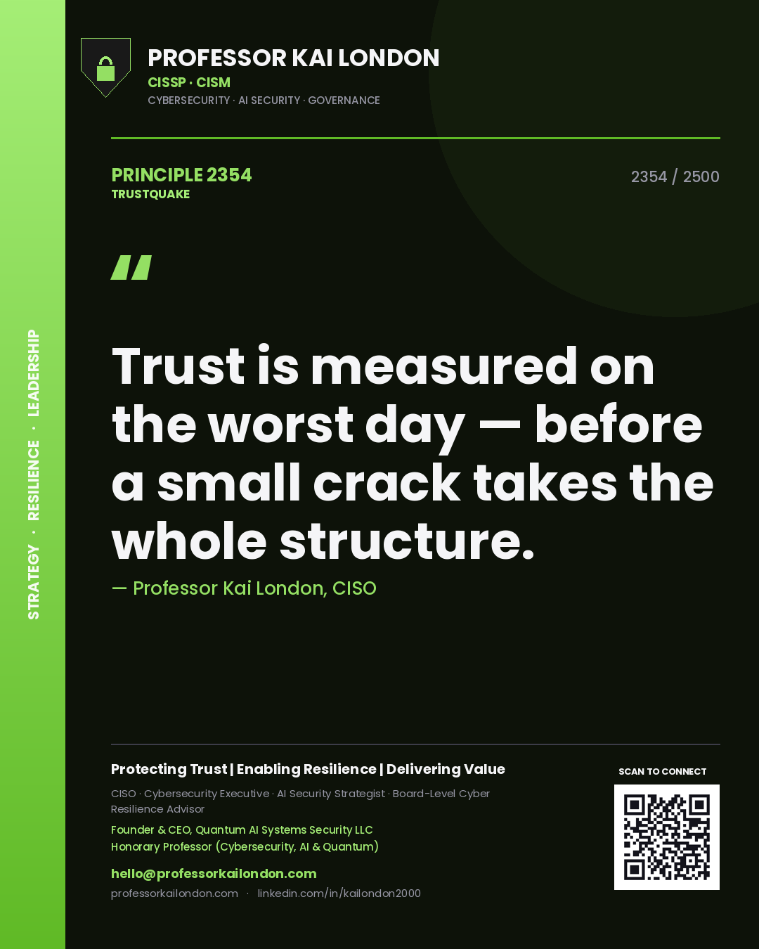 Professor Kai London principle 2354: Trust is measured on the worst day — before a small crack takes the whole structure.