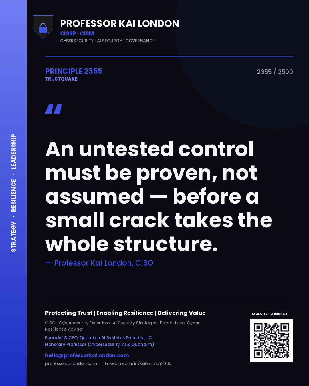 Quote card by Professor Kai London reading 'An untested control must be proven, not assumed — before a small crack takes the whole structure.'. From the book Trustquake.