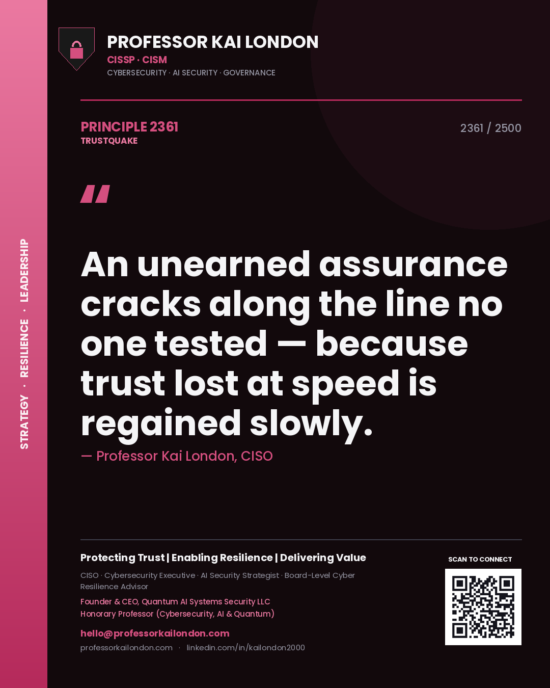 Quote card by Professor Kai London reading 'An unearned assurance cracks along the line no one tested — because trust lost at speed is regained slowly.'. From the book Trustquake.