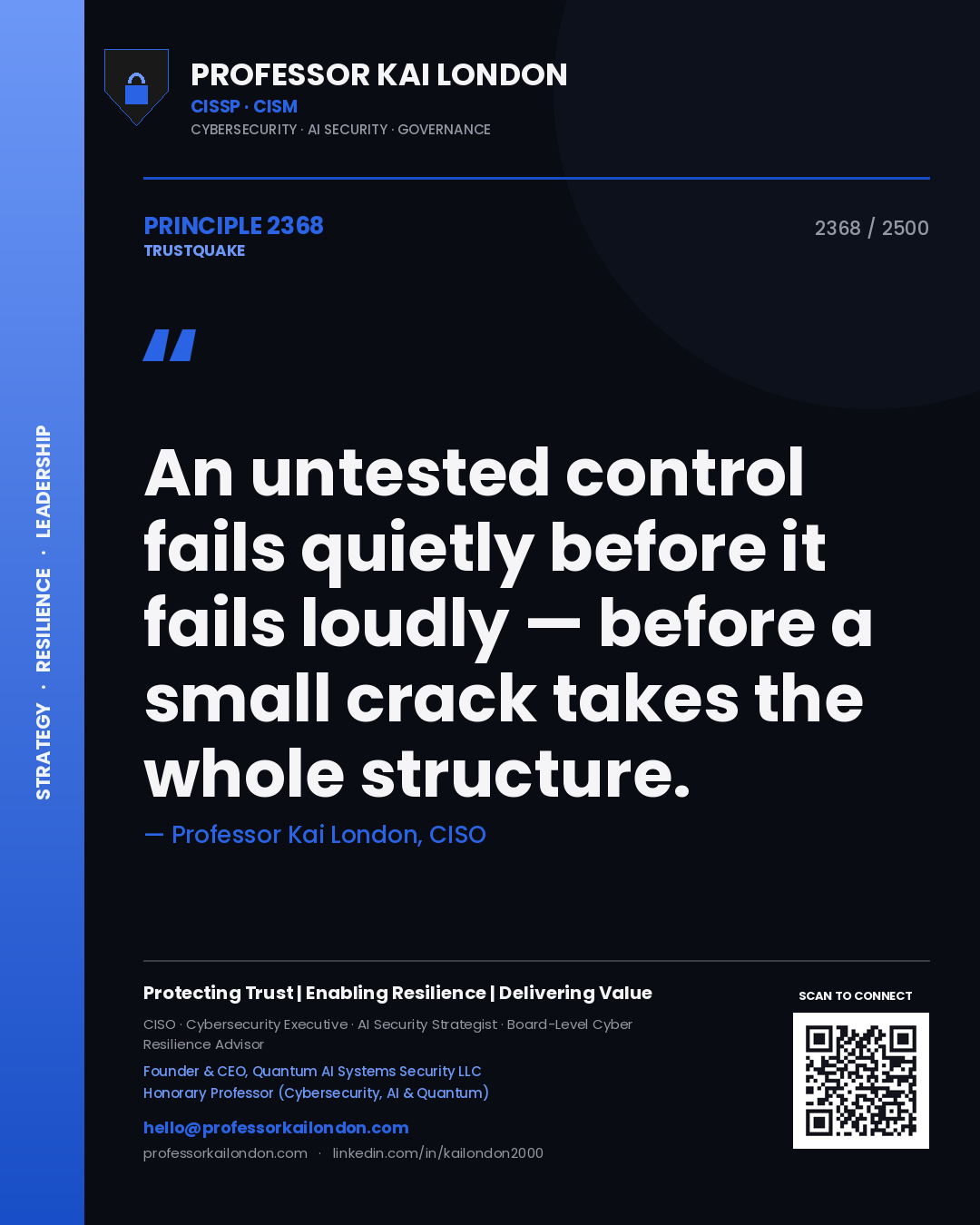 Professor Kai London principle 2368: An untested control fails quietly before it fails loudly — before a small crack takes the whole structure.