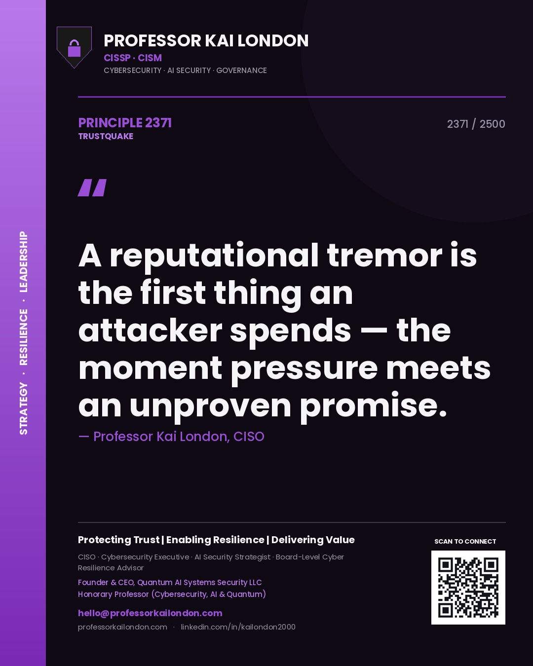 Professor Kai London principle 2371: A reputational tremor is the first thing an attacker spends — the moment pressure meets an unproven promise.