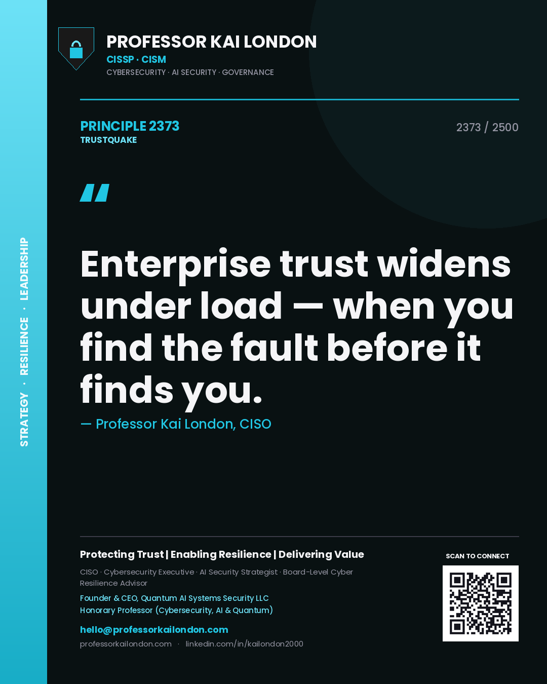 Quote card by Professor Kai London reading 'Enterprise trust widens under load — when you find the fault before it finds you.'. From the book Trustquake.