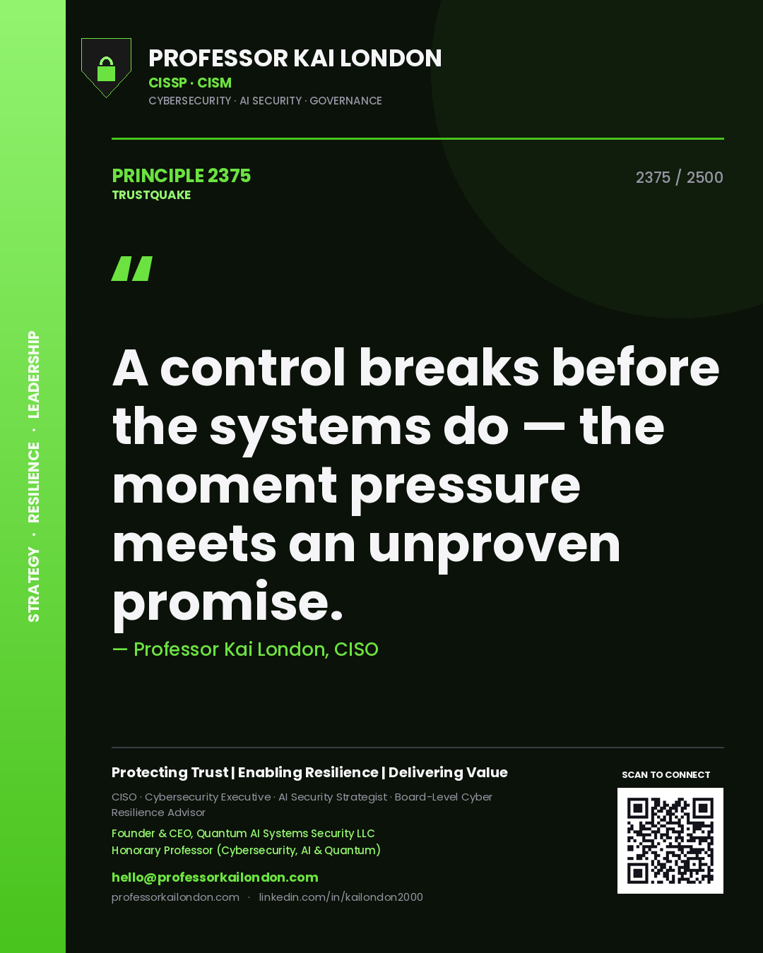 Quote card by Professor Kai London reading 'A control breaks before the systems do — the moment pressure meets an unproven promise.'. From the book Trustquake.