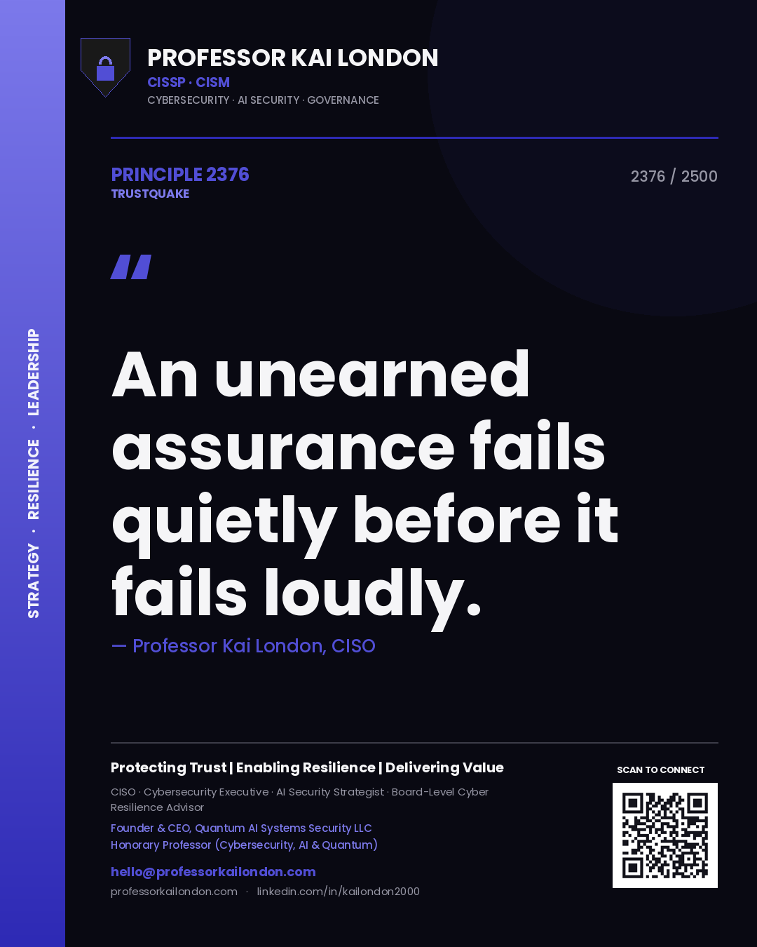 Quote card by Professor Kai London reading 'An unearned assurance fails quietly before it fails loudly.'. From the book Trustquake.