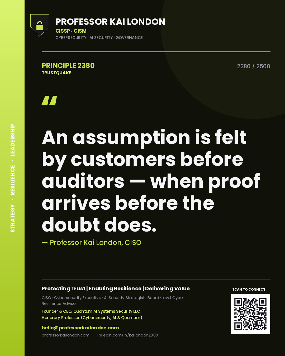 Quote card by Professor Kai London reading 'An assumption is felt by customers before auditors — when proof arrives before the doubt does.'. From the book Trustquake.