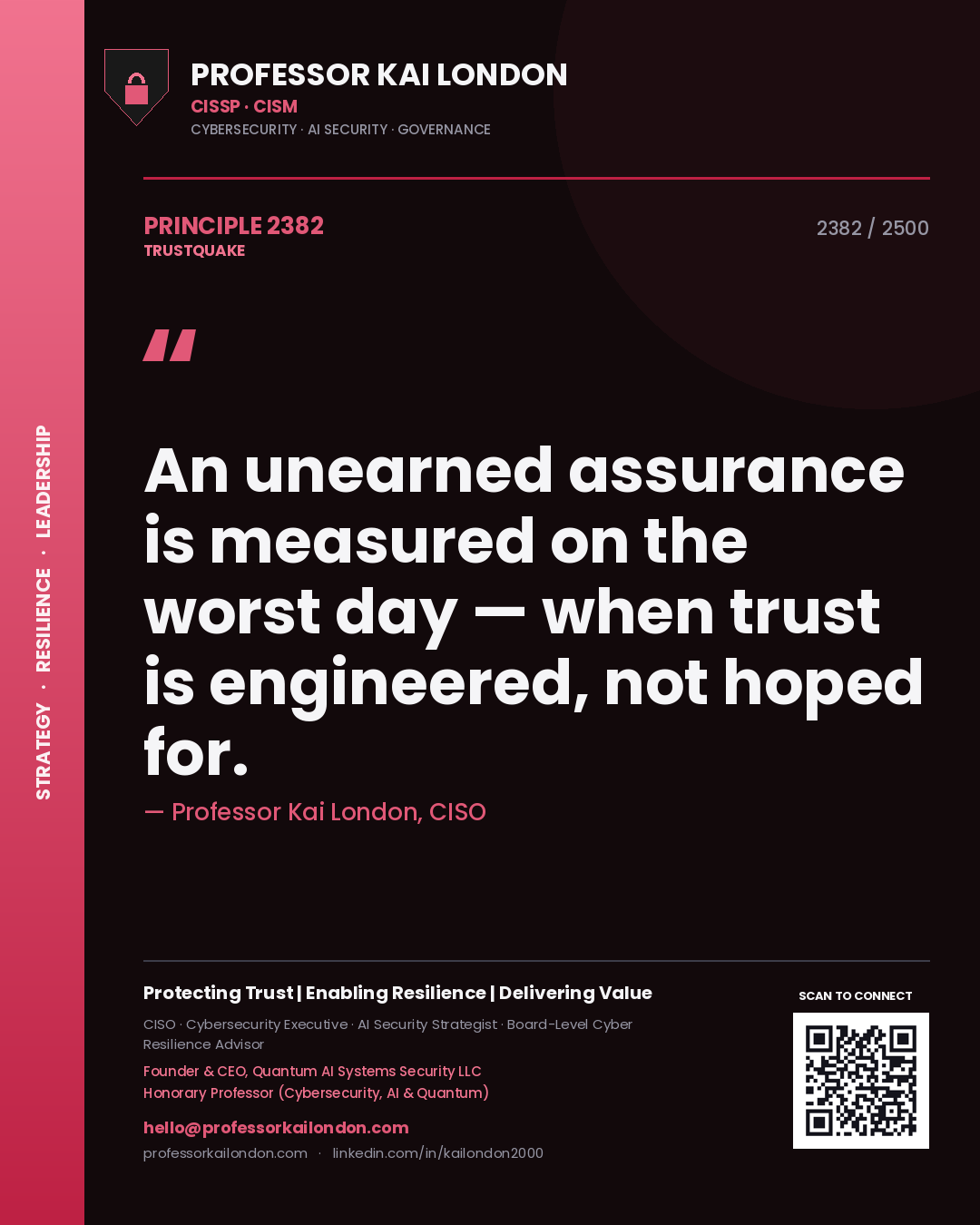 Professor Kai London principle 2382: An unearned assurance is measured on the worst day — when trust is engineered, not hoped for.