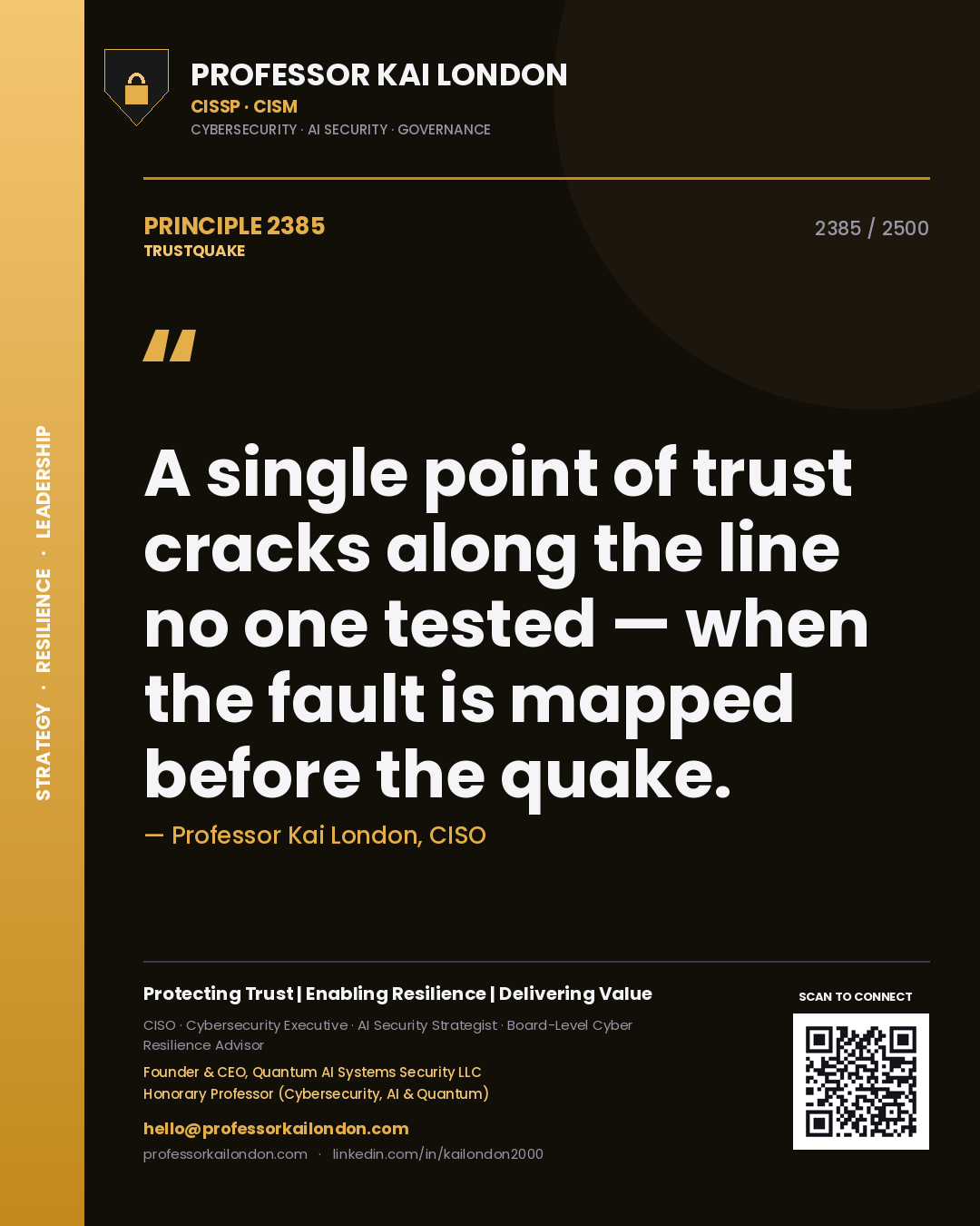Quote card by Professor Kai London reading 'A single point of trust cracks along the line no one tested — when the fault is mapped before the quake.'. From the book Trustquake.
