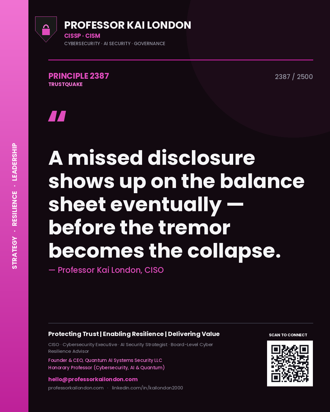 Quote card by Professor Kai London reading 'A missed disclosure shows up on the balance sheet eventually — before the tremor becomes the collapse.'. From the book Trustquake.