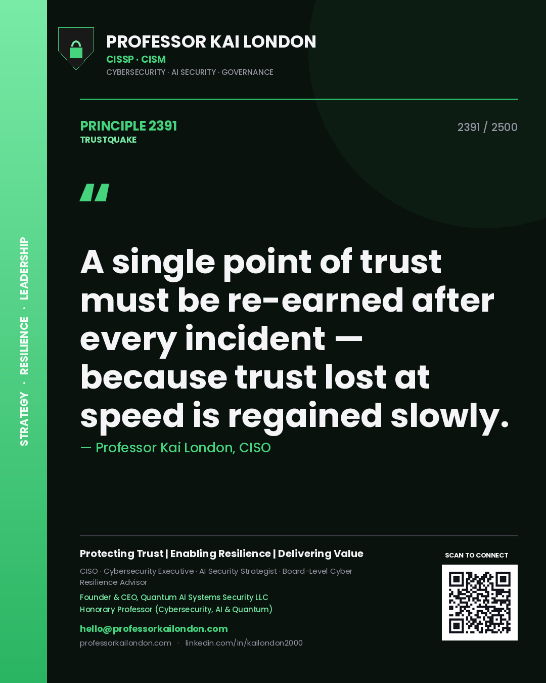 Professor Kai London principle 2391: A single point of trust must be re-earned after every incident — because trust lost at speed is regained slowly.