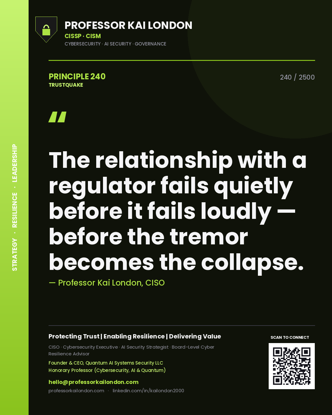 Professor Kai London principle 240: The relationship with a regulator fails quietly before it fails loudly — before the tremor becomes the collapse.