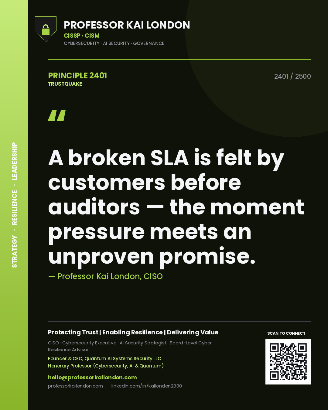 Professor Kai London principle 2401: A broken SLA is felt by customers before auditors — the moment pressure meets an unproven promise.