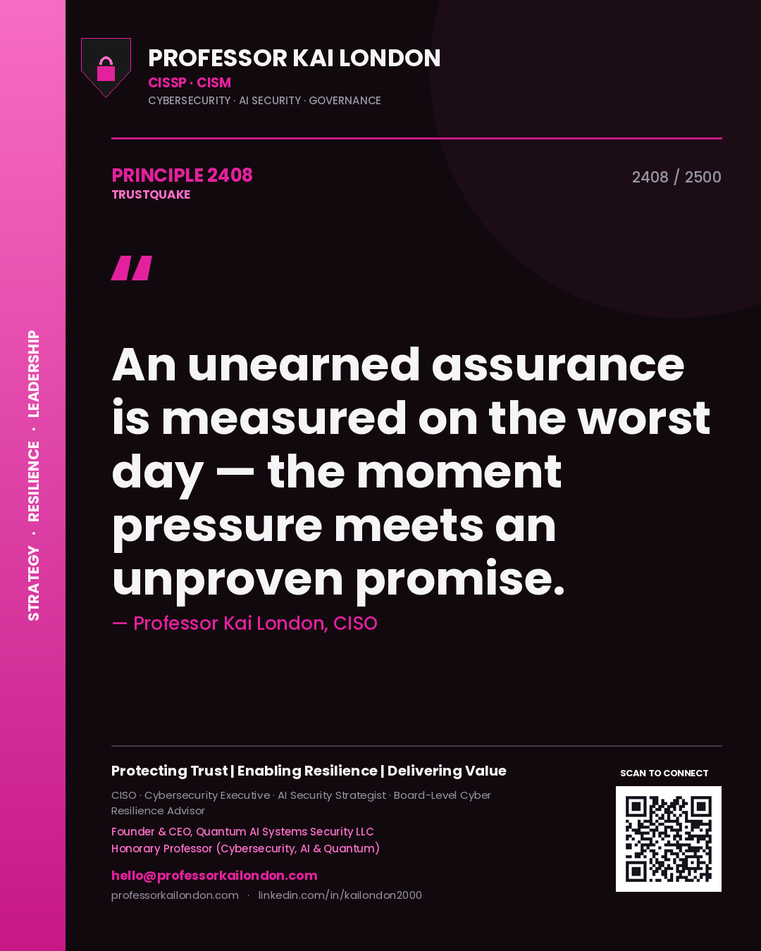 Professor Kai London principle 2408: An unearned assurance is measured on the worst day — the moment pressure meets an unproven promise.