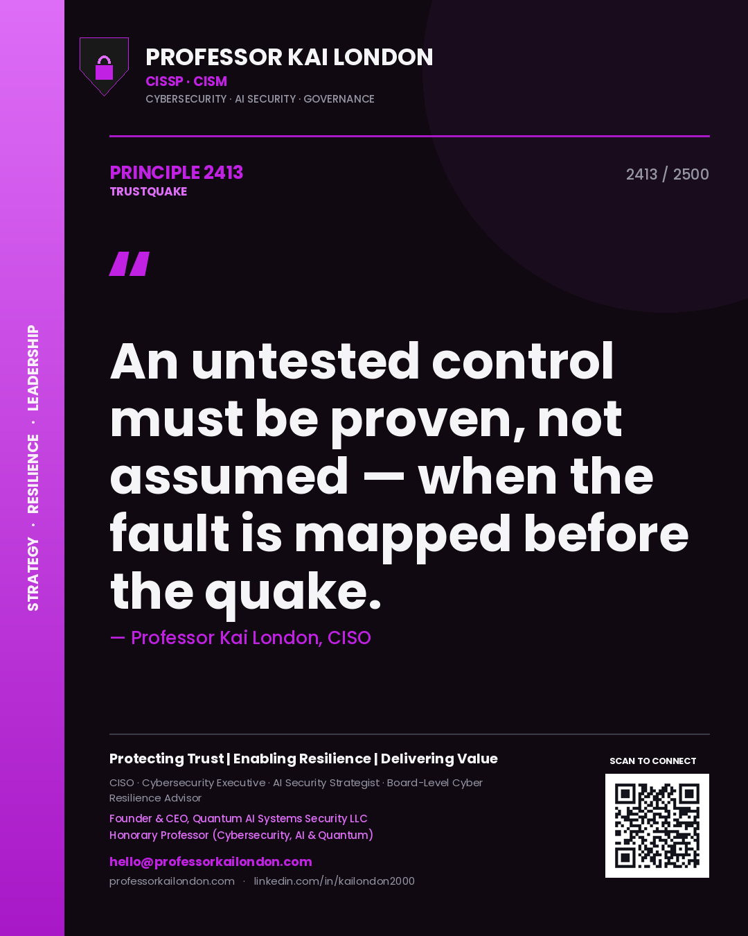 Quote card by Professor Kai London reading 'An untested control must be proven, not assumed — when the fault is mapped before the quake.'. From the book Trustquake.