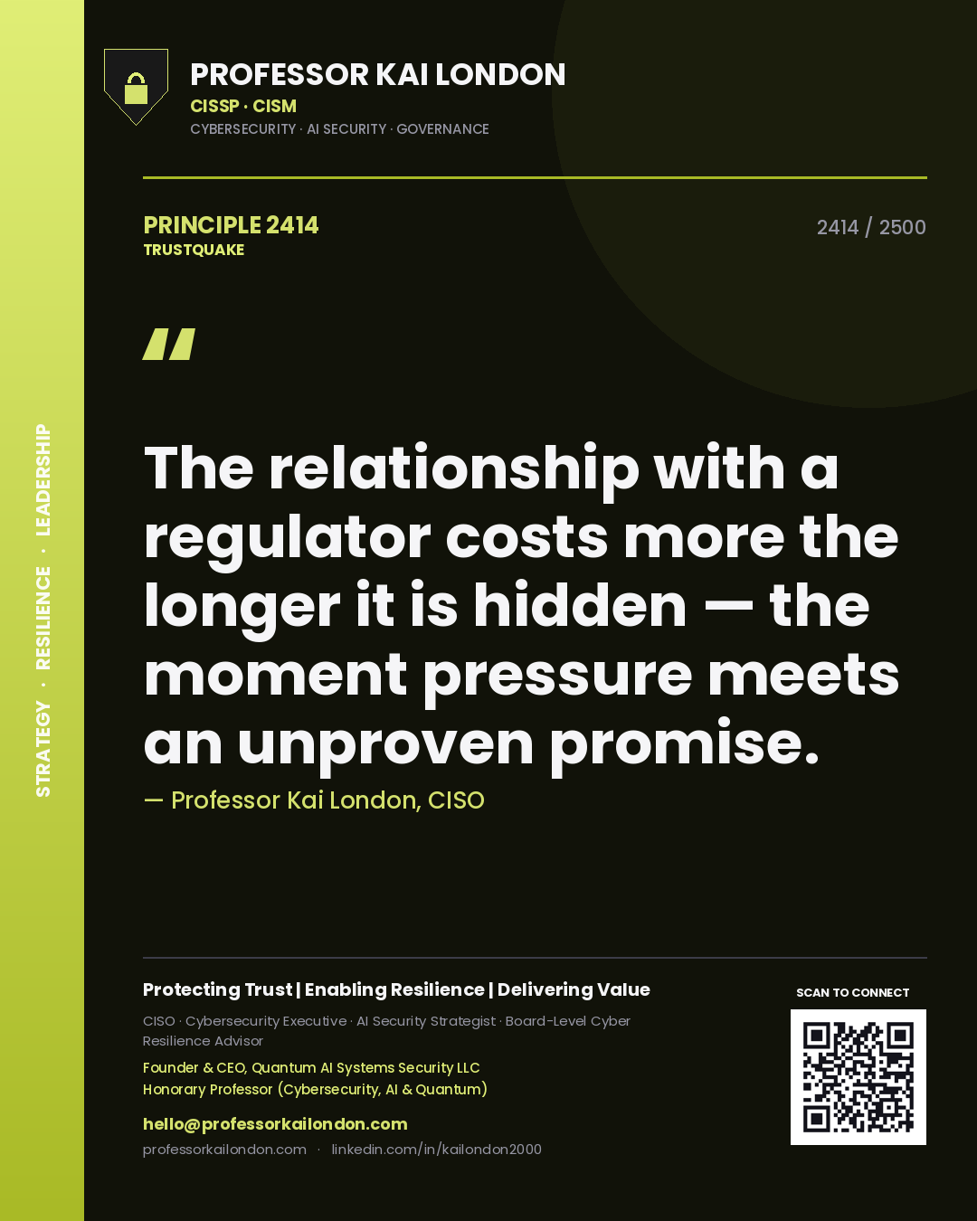 Professor Kai London principle 2414: The relationship with a regulator costs more the longer it is hidden — the moment pressure meets an unproven promise.