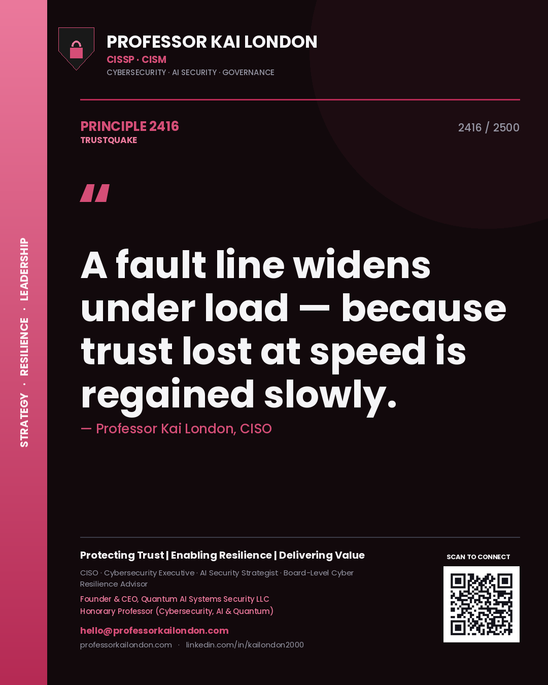 Professor Kai London principle 2416: A fault line widens under load — because trust lost at speed is regained slowly.