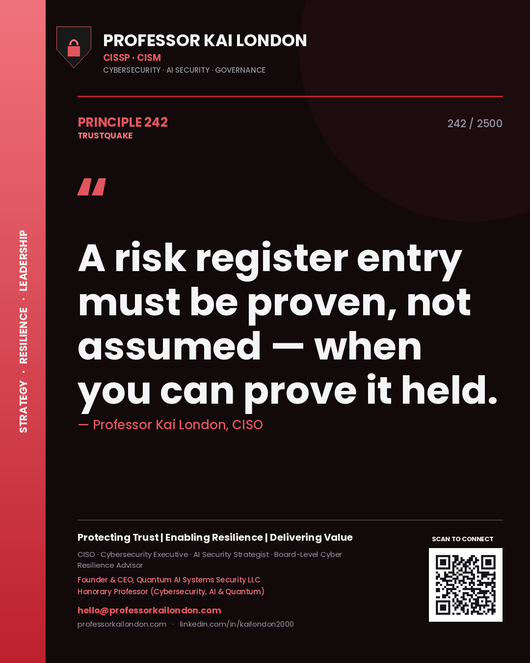 Quote card by Professor Kai London reading 'A risk register entry must be proven, not assumed — when you can prove it held.'. From the book Trustquake.