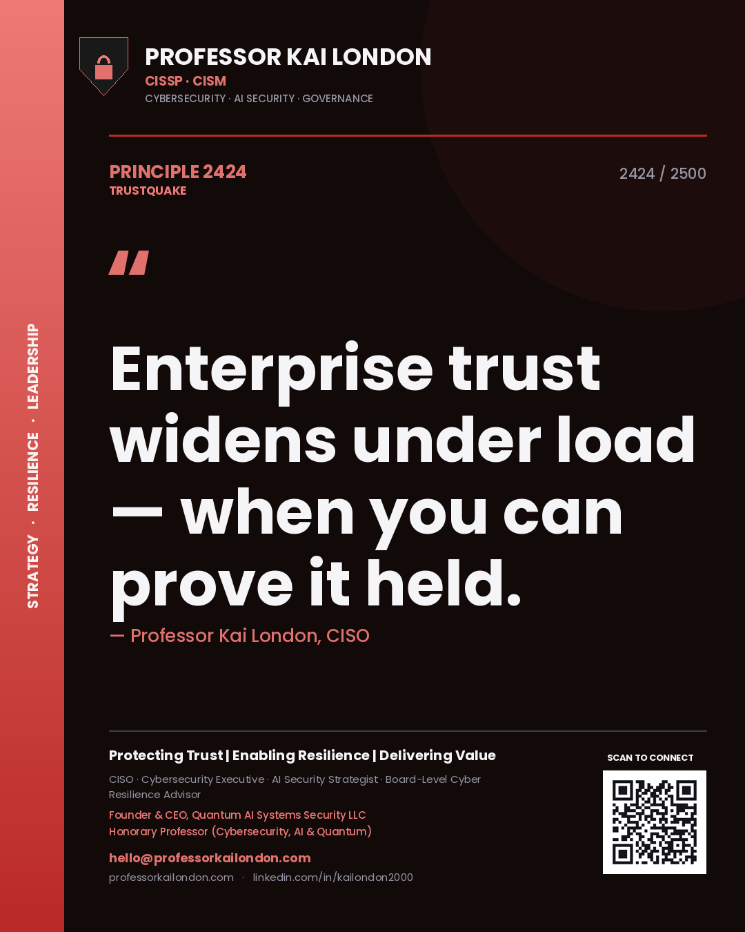 Quote card by Professor Kai London reading 'Enterprise trust widens under load — when you can prove it held.'. From the book Trustquake.