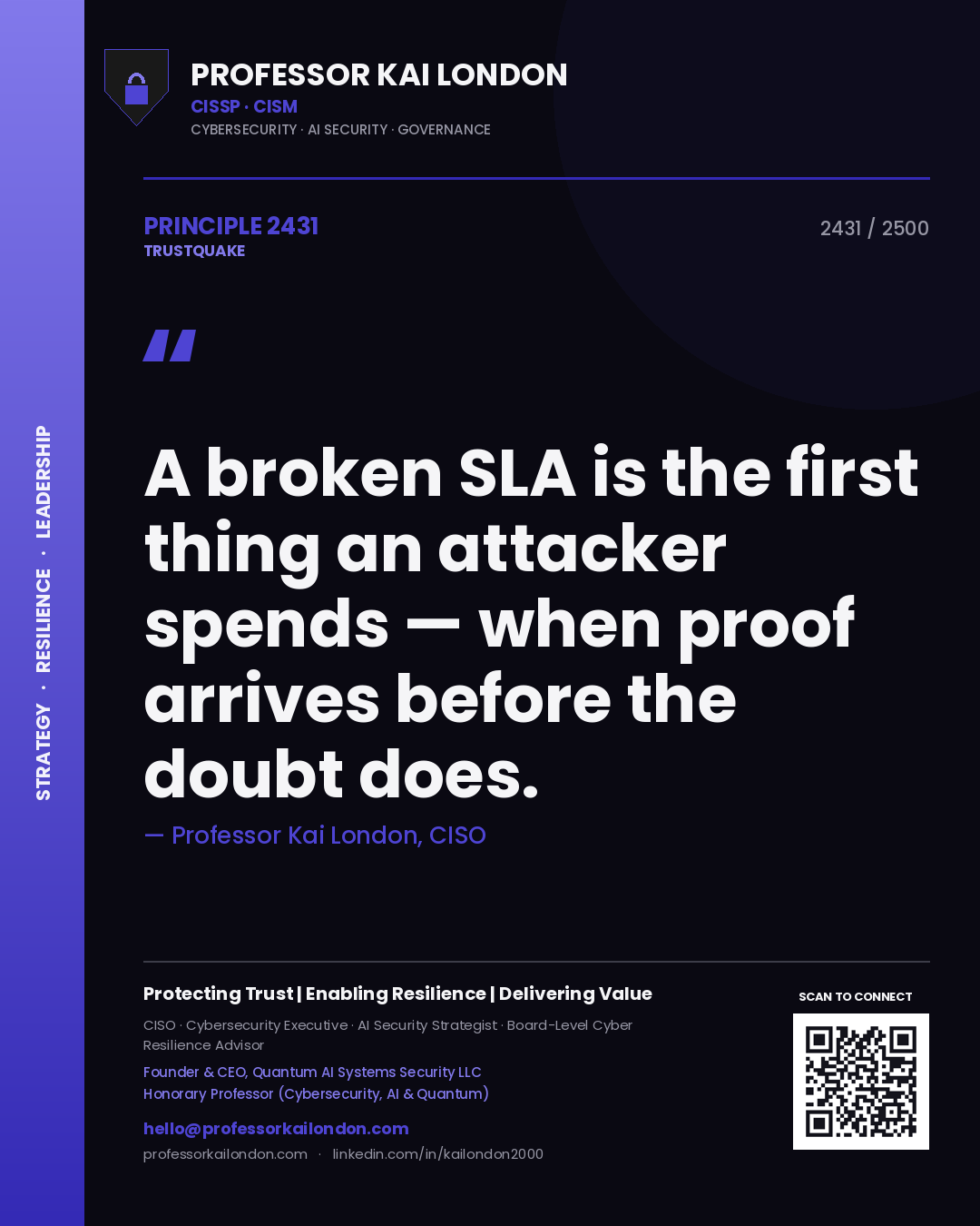 Quote card by Professor Kai London reading 'A broken SLA is the first thing an attacker spends — when proof arrives before the doubt does.'. From the book Trustquake.