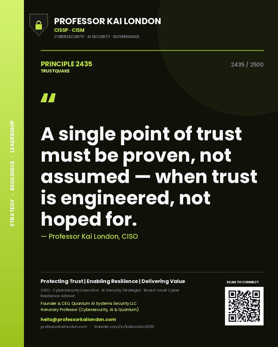 Professor Kai London principle 2435: A single point of trust must be proven, not assumed — when trust is engineered, not hoped for.