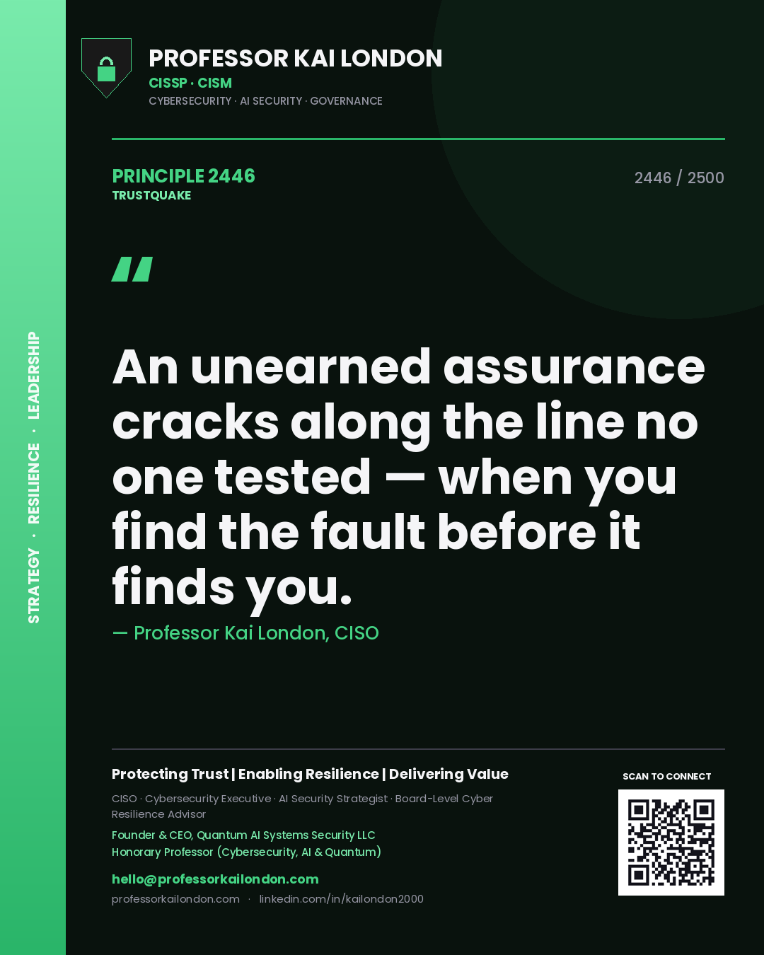 Professor Kai London principle 2446: An unearned assurance cracks along the line no one tested — when you find the fault before it finds you.