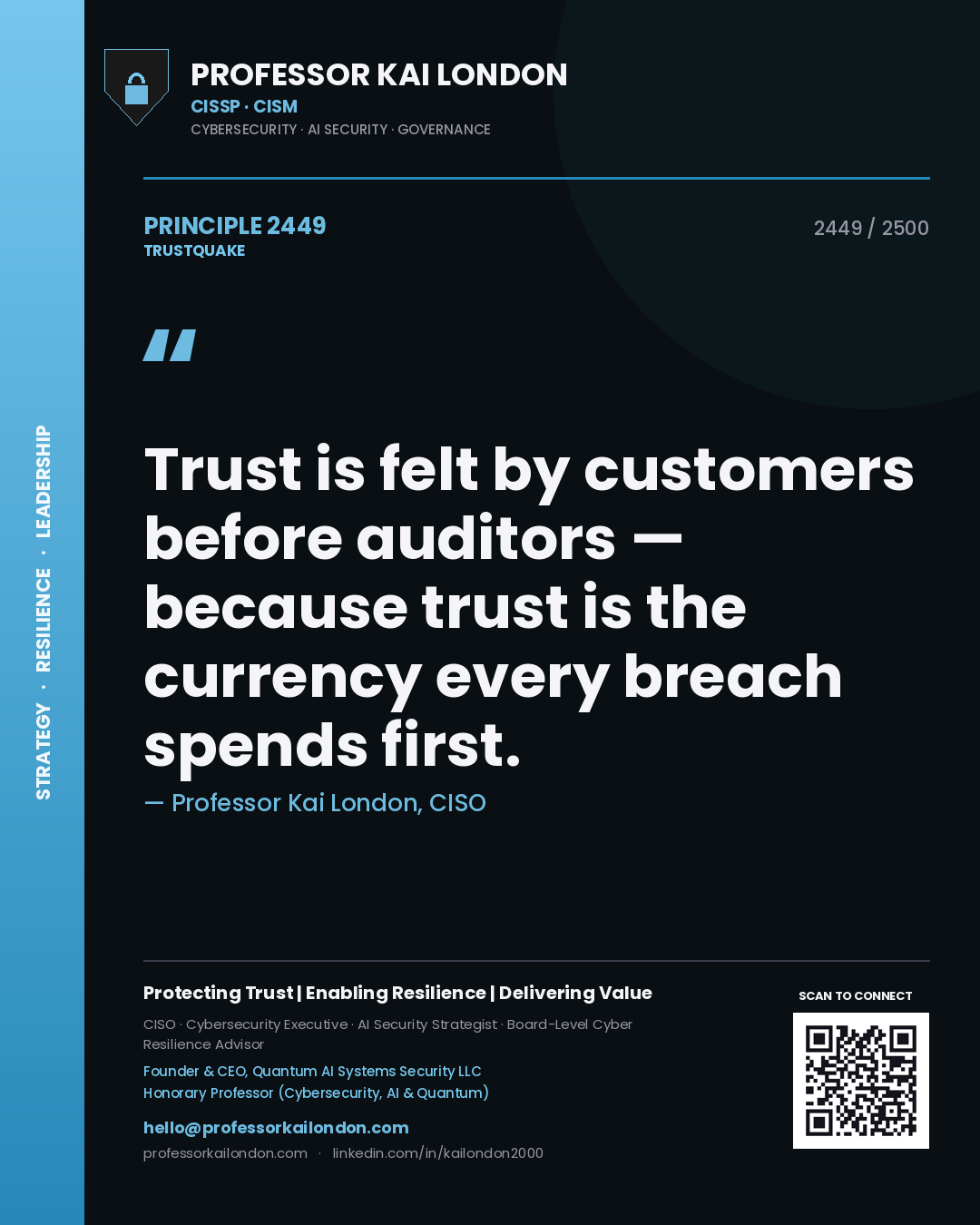 Professor Kai London principle 2449: Trust is felt by customers before auditors — because trust is the currency every breach spends first.
