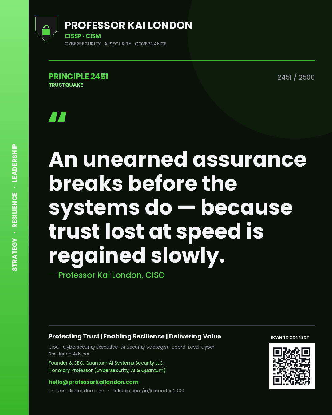 Professor Kai London principle 2451: An unearned assurance breaks before the systems do — because trust lost at speed is regained slowly.