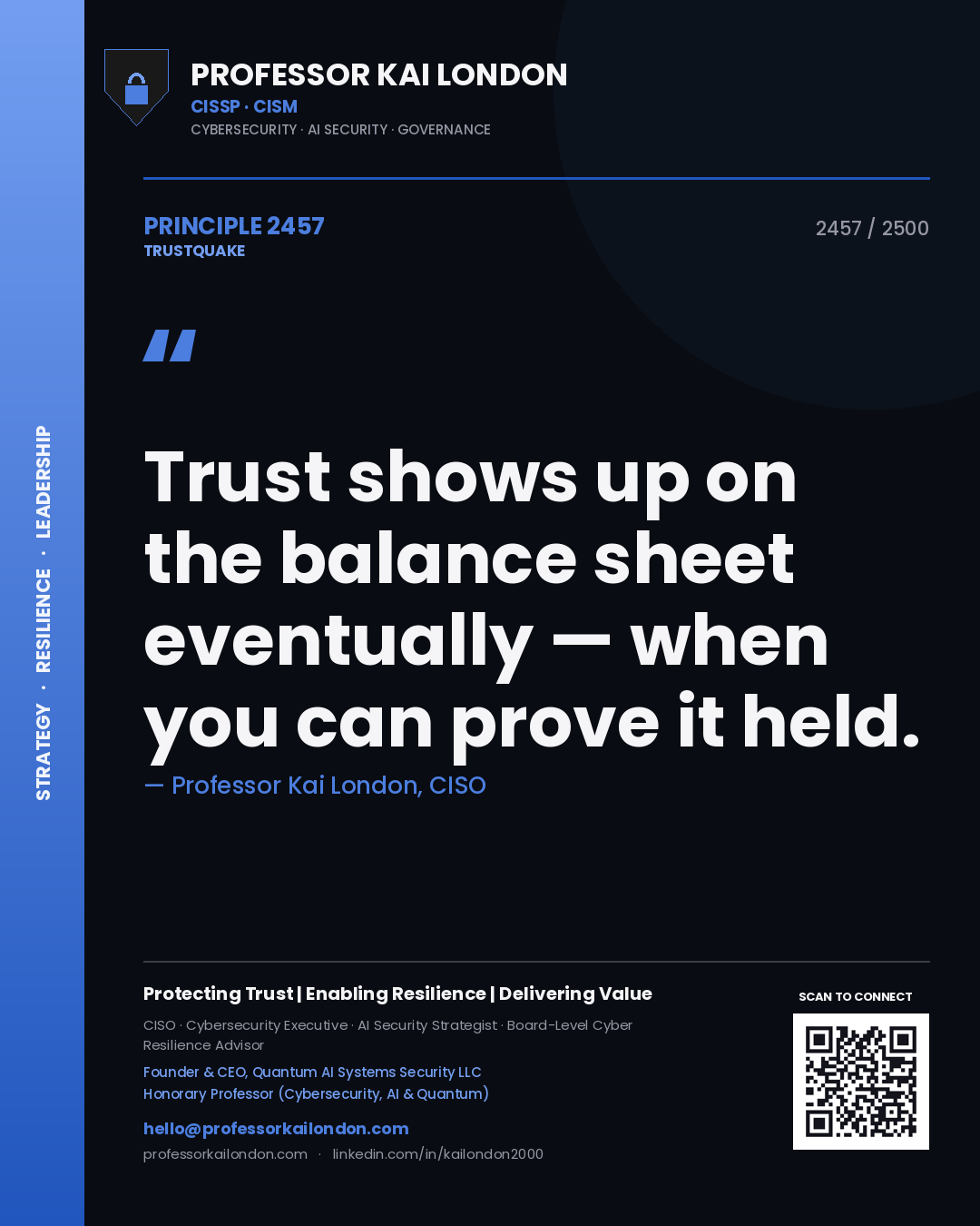 Quote card by Professor Kai London reading 'Trust shows up on the balance sheet eventually — when you can prove it held.'. From the book Trustquake.