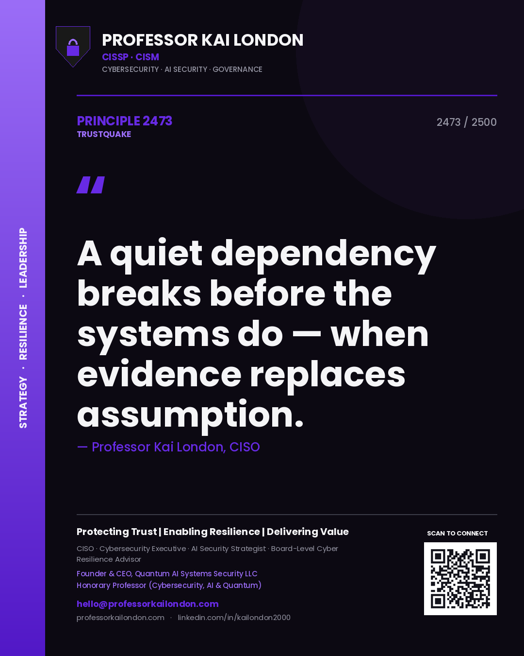 Quote card by Professor Kai London reading 'A quiet dependency breaks before the systems do — when evidence replaces assumption.'. From the book Trustquake.