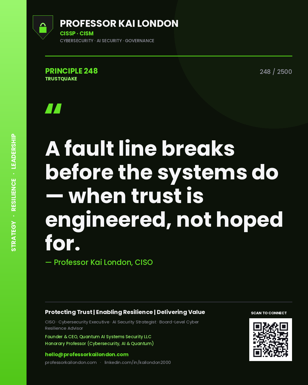 Quote card by Professor Kai London reading 'A fault line breaks before the systems do — when trust is engineered, not hoped for.'. From the book Trustquake.