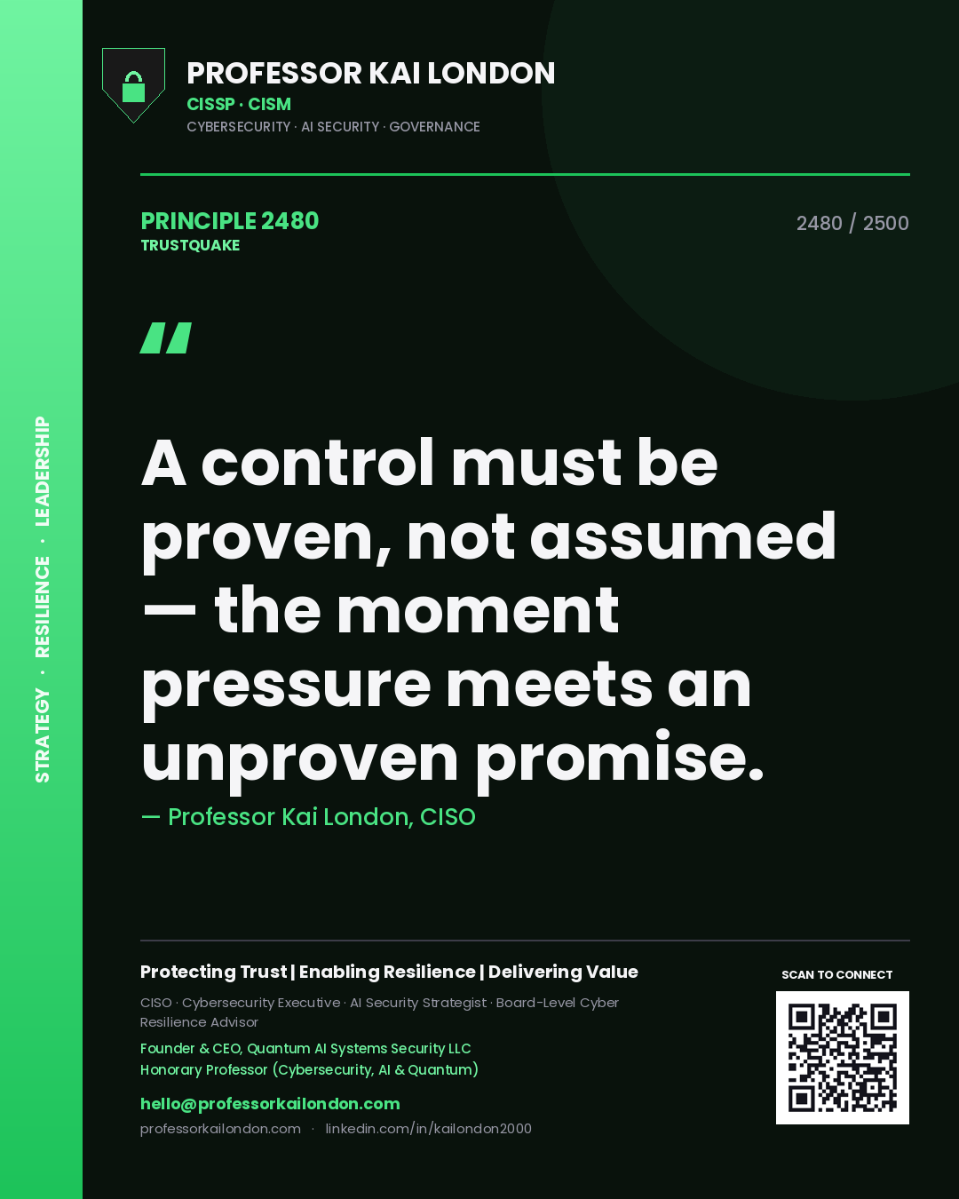 Quote card by Professor Kai London reading 'A control must be proven, not assumed — the moment pressure meets an unproven promise.'. From the book Trustquake.