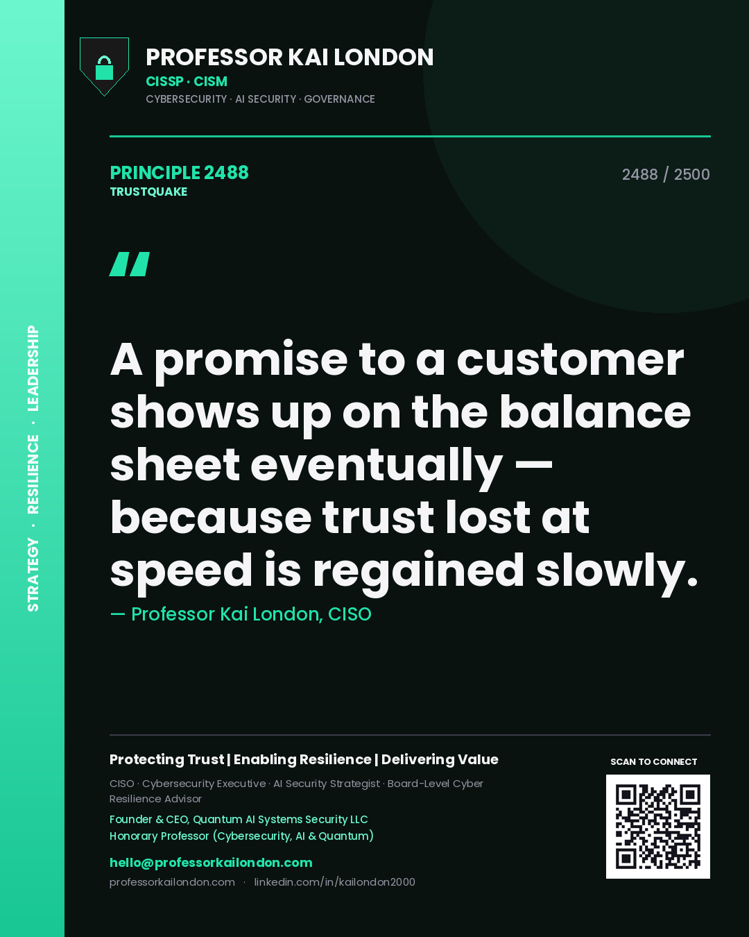 Quote card by Professor Kai London reading 'A promise to a customer shows up on the balance sheet eventually — because trust lost at speed is regained slowly.'. From the book Trustquake.
