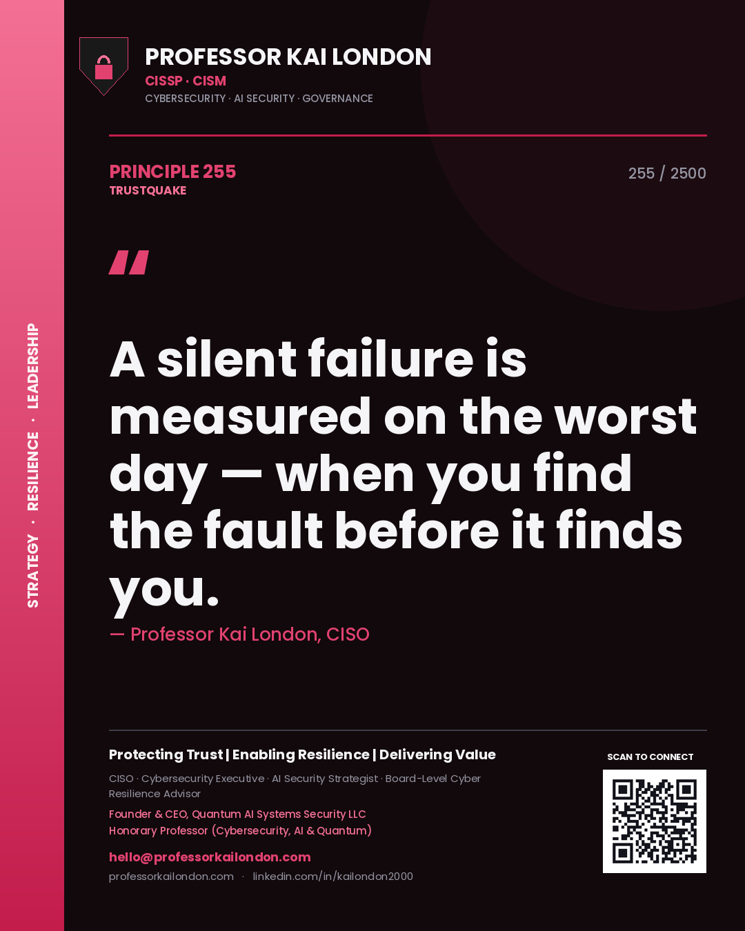 Quote card by Professor Kai London reading 'A silent failure is measured on the worst day — when you find the fault before it finds you.'. From the book Trustquake.