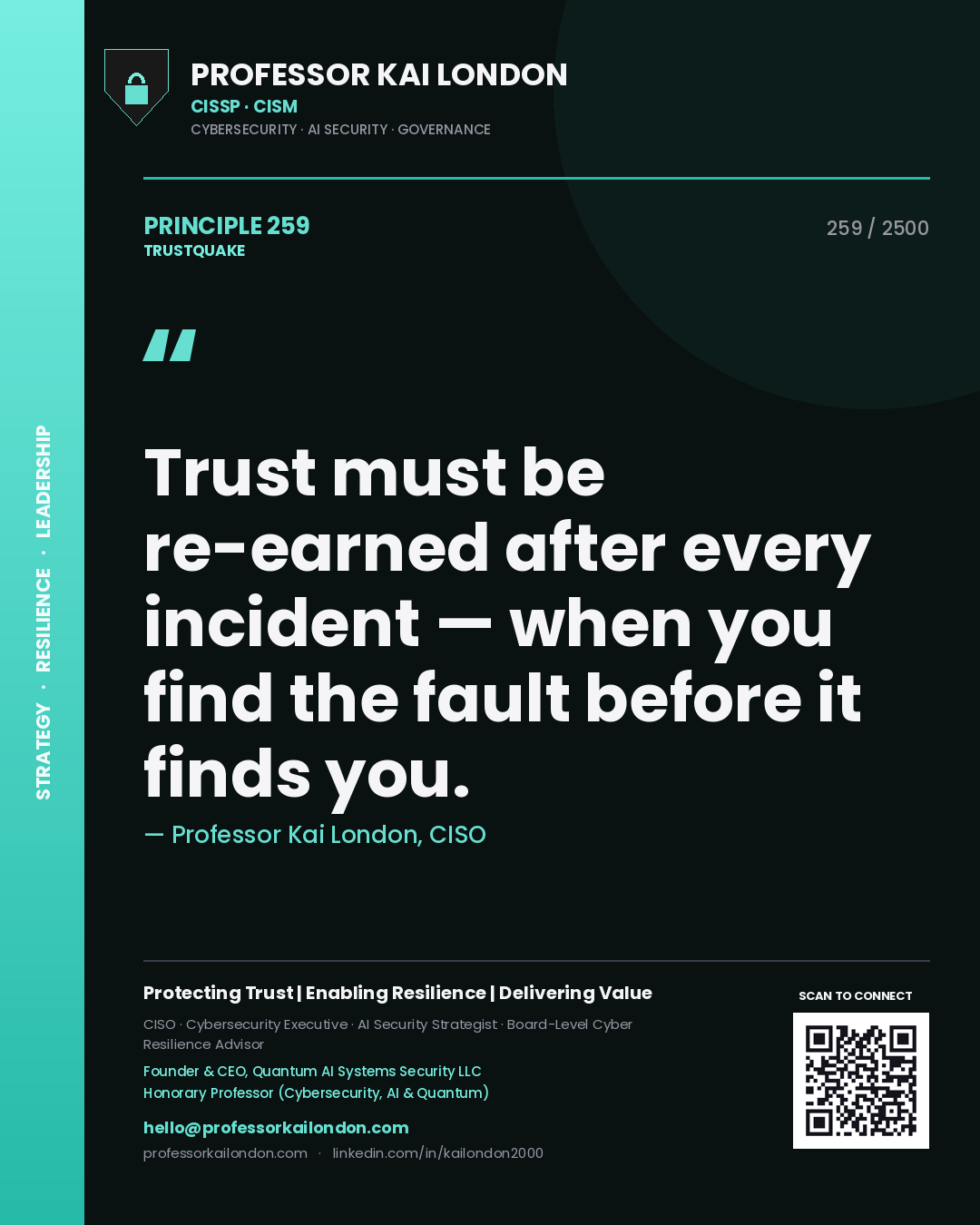 Professor Kai London principle 259: Trust must be re-earned after every incident — when you find the fault before it finds you.