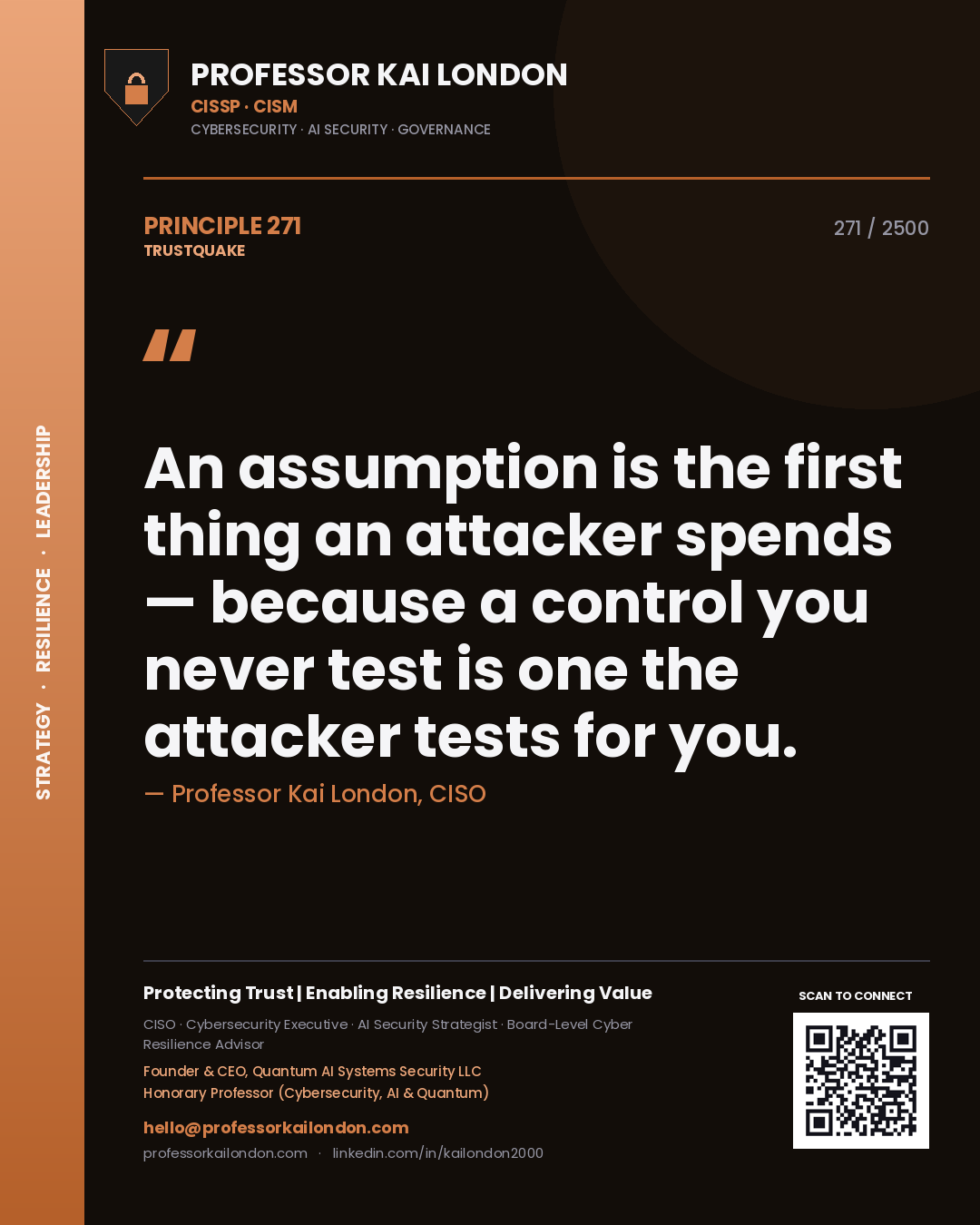 Quote card by Professor Kai London reading 'An assumption is the first thing an attacker spends — because a control you never test is one the attacker tests for you.'. From the book Trustquake.
