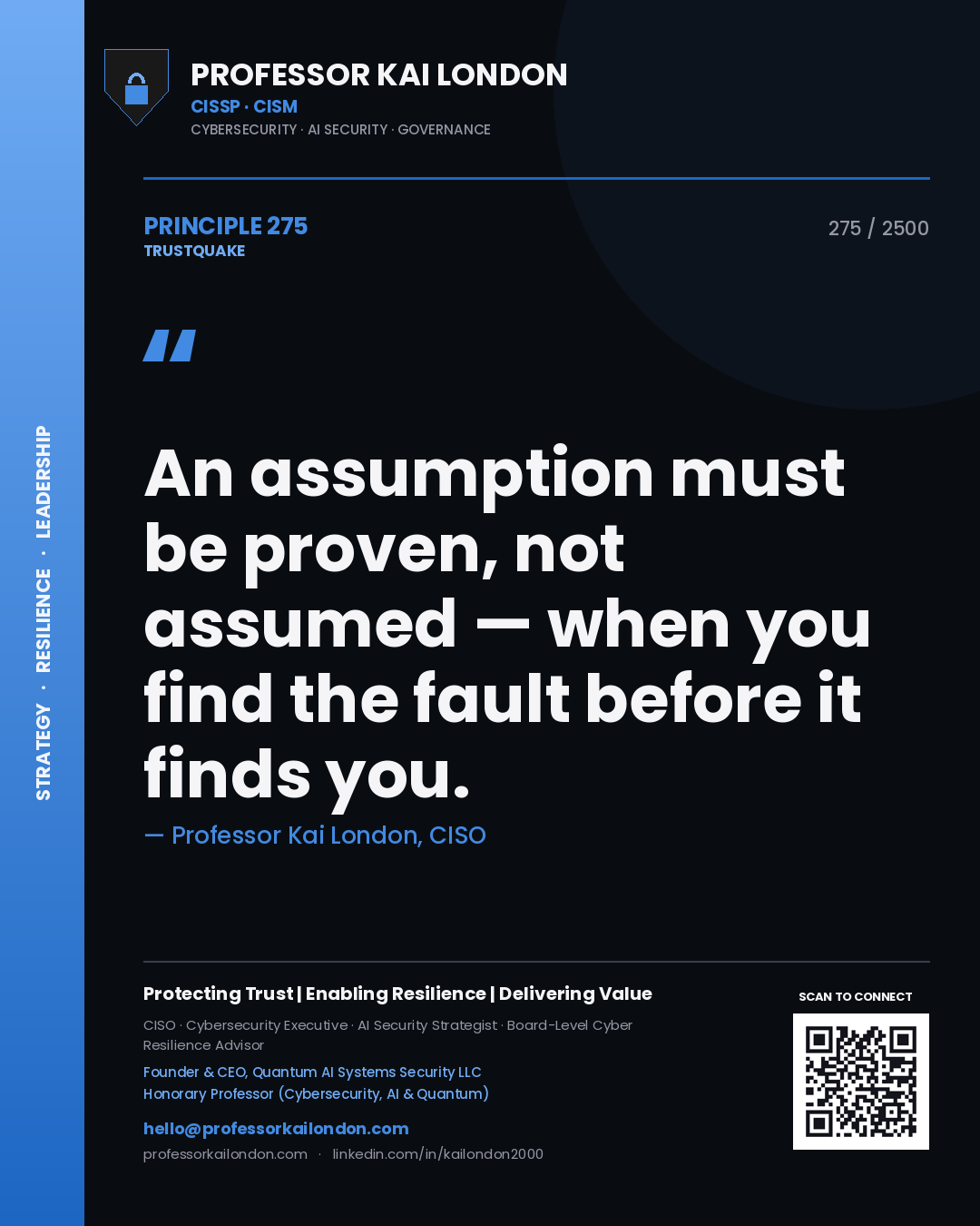 Professor Kai London principle 275: An assumption must be proven, not assumed — when you find the fault before it finds you.