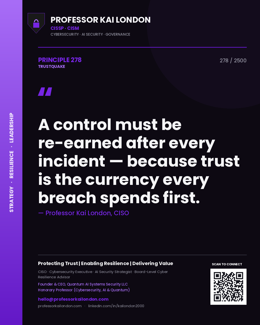 Quote card by Professor Kai London reading 'A control must be re-earned after every incident — because trust is the currency every breach spends first.'. From the book Trustquake.