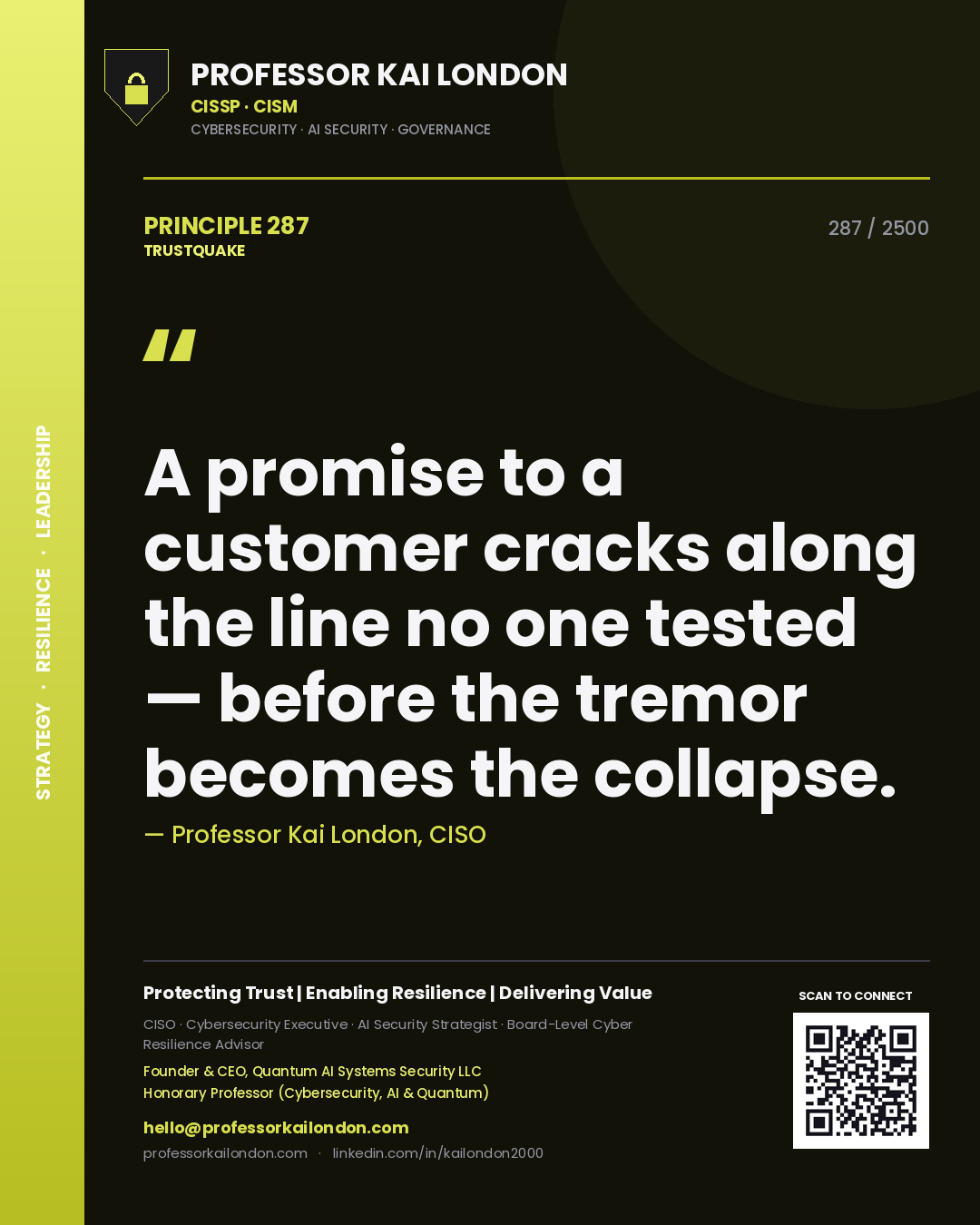Quote card by Professor Kai London reading 'A promise to a customer cracks along the line no one tested — before the tremor becomes the collapse.'. From the book Trustquake.
