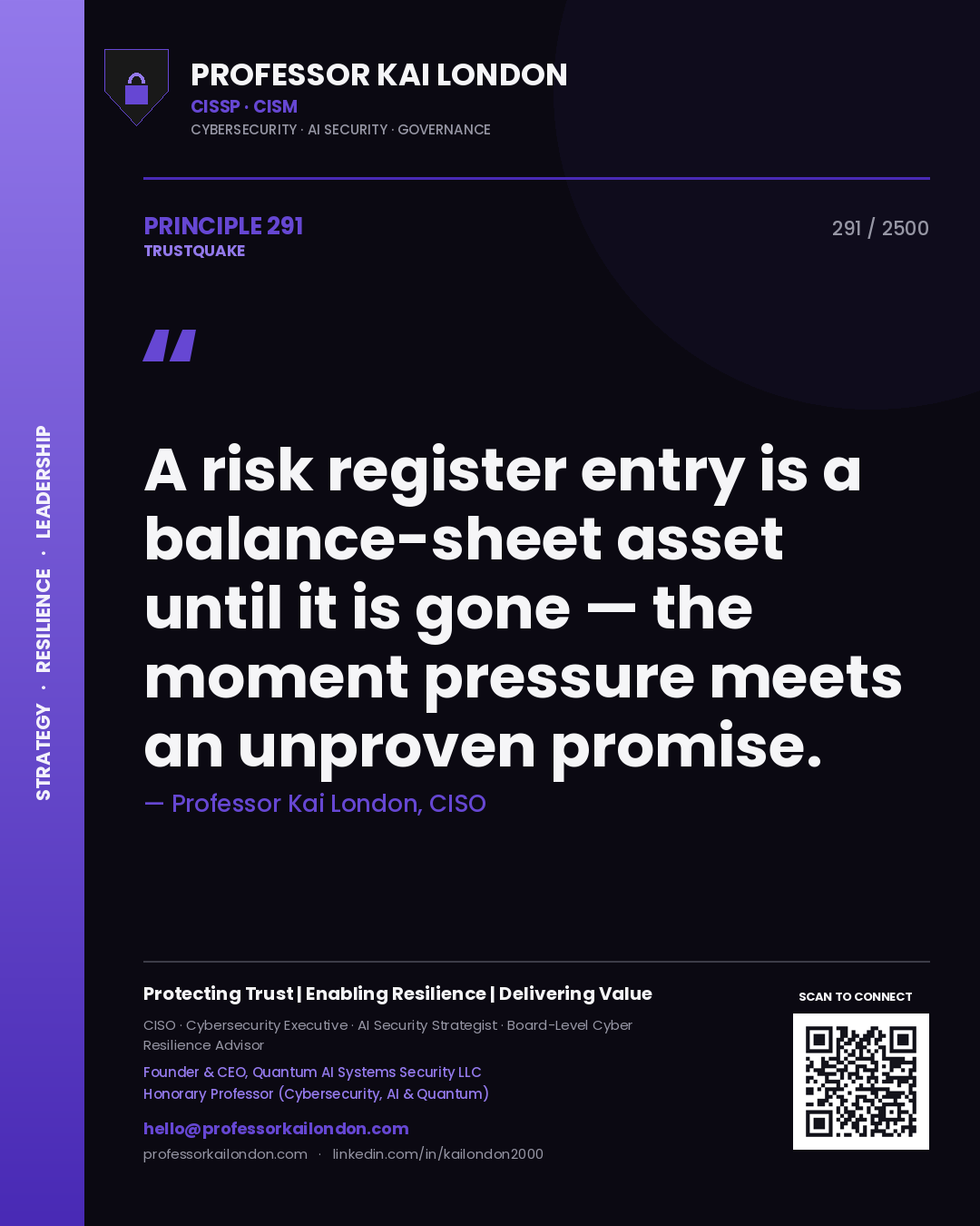 Quote card by Professor Kai London reading 'A risk register entry is a balance-sheet asset until it is gone — the moment pressure meets an unproven promise.'. From the book Trustquake.