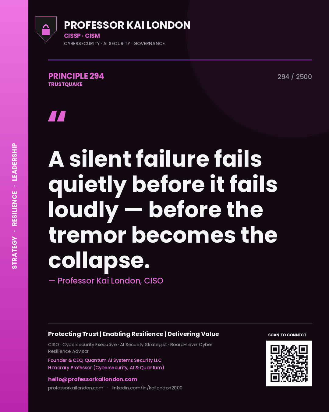 Professor Kai London principle 294: A silent failure fails quietly before it fails loudly — before the tremor becomes the collapse.