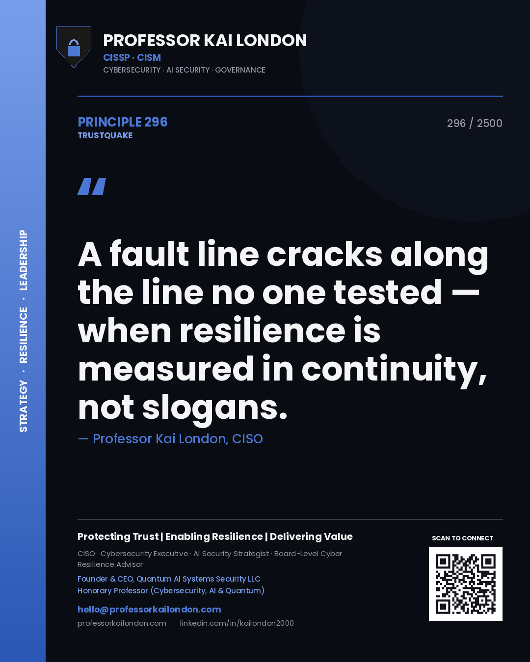 Professor Kai London principle 296: A fault line cracks along the line no one tested — when resilience is measured in continuity, not slogans.