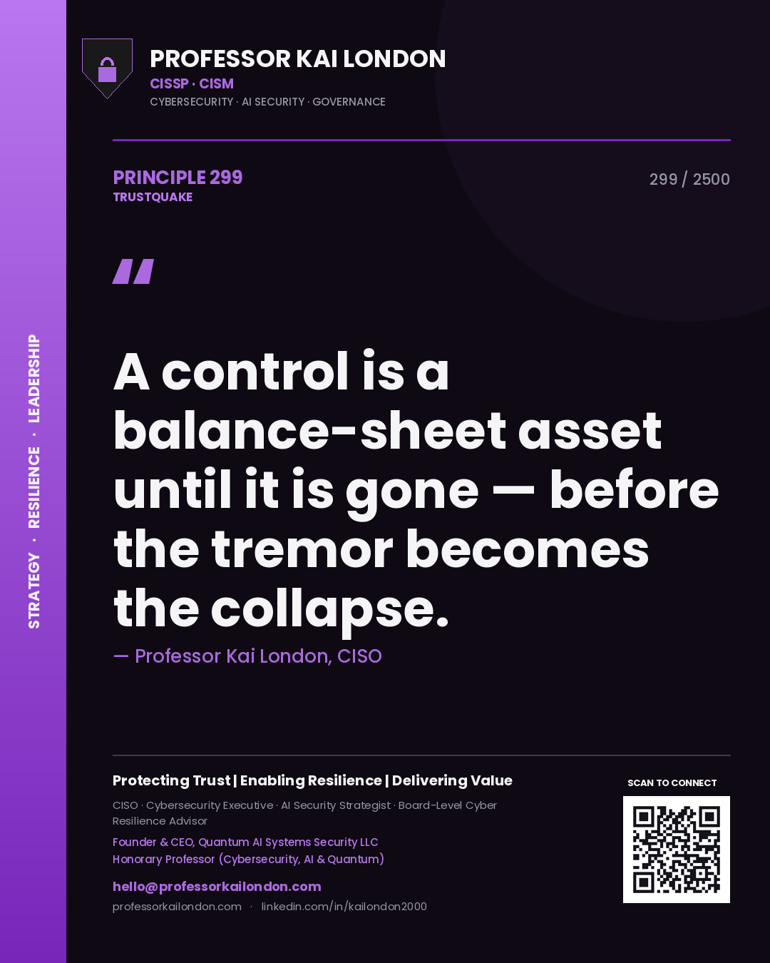 Quote card by Professor Kai London reading 'A control is a balance-sheet asset until it is gone — before the tremor becomes the collapse.'. From the book Trustquake.